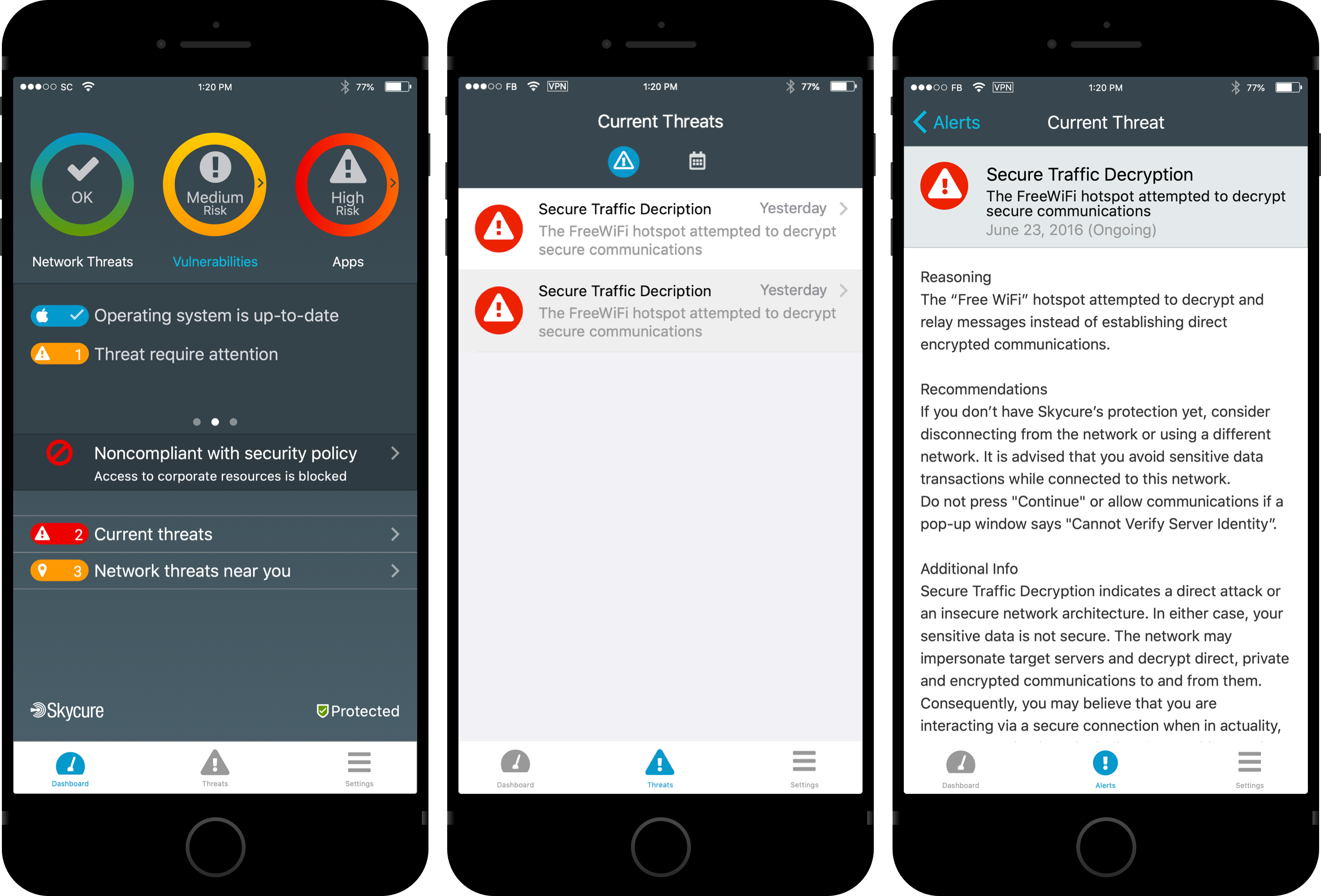 Skycure mobile app (now SEP Mobile) showing security dashboard on iOS and Android